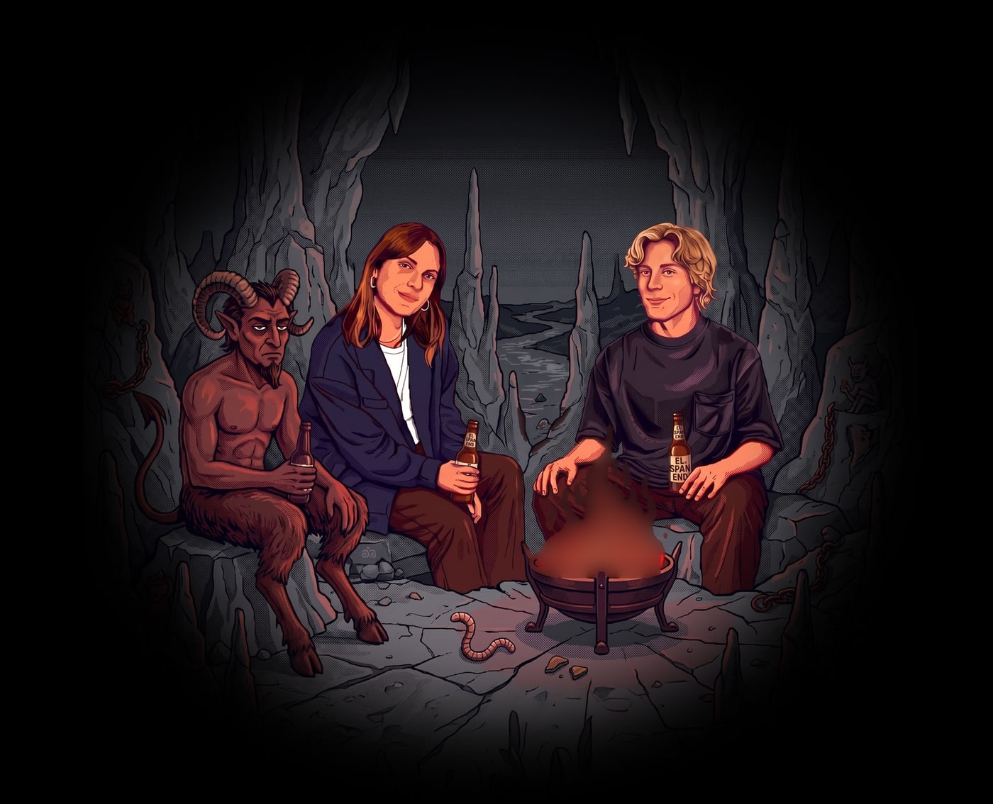 Jess Auer and Marc Lutz having a beer by a fire in a cave, next to the devil and an earthworm